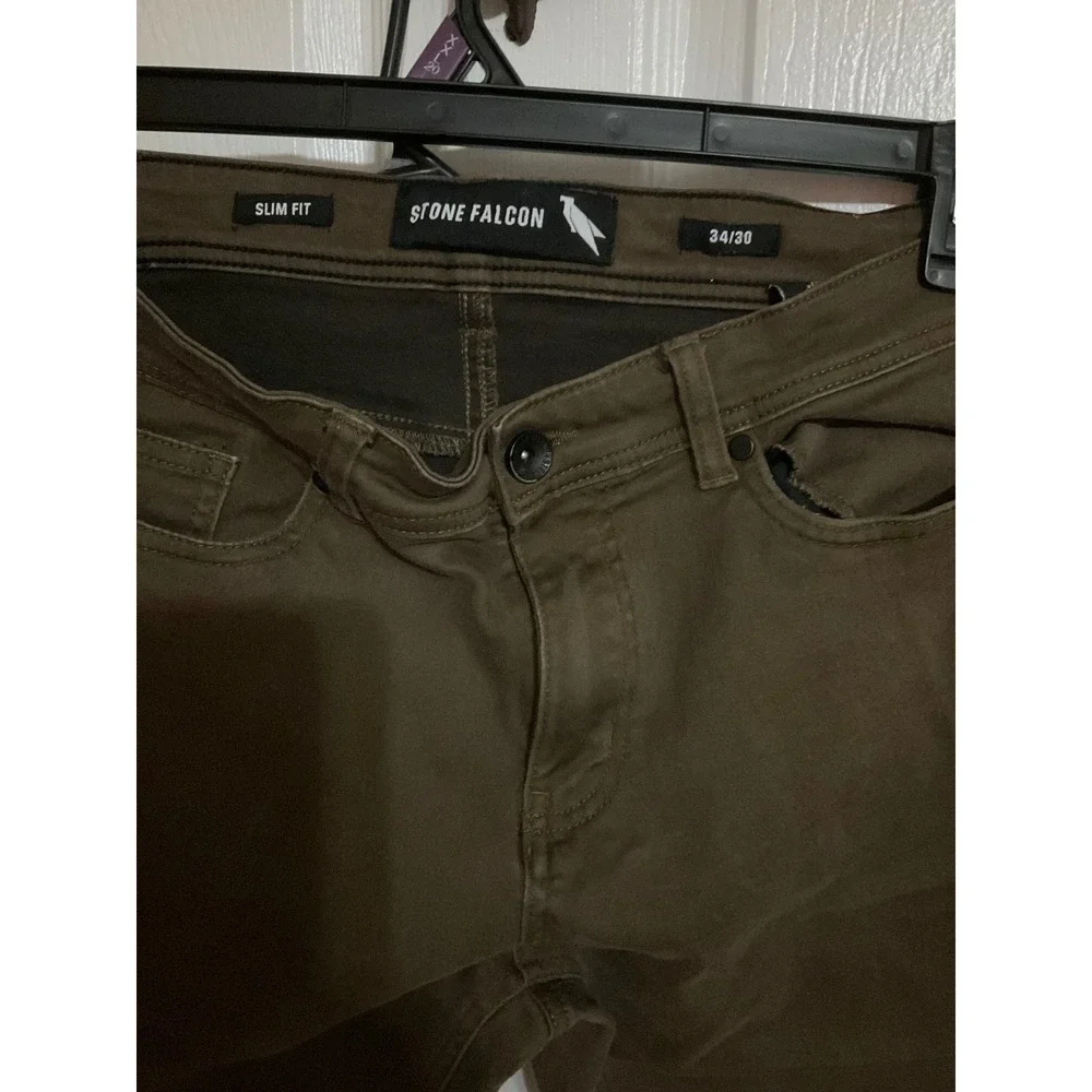 Stone Falcon Mens Slim Fit Olive Green Pants 34x30 Casual Five Pocket Trousers